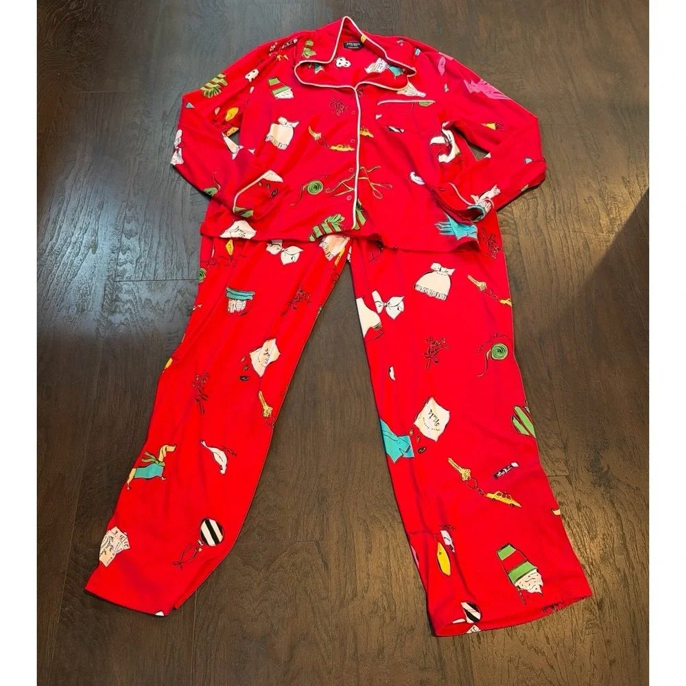 Kate Spade Novelty Print Pajama Set Red Womens Sleepwear Button Front Lounge Set